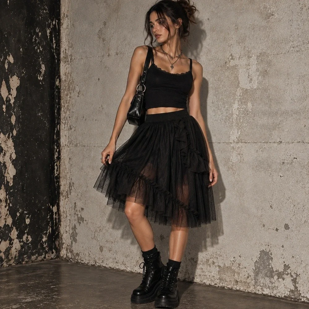 Tulle Skirt M/L with Asymmetric Ruffles Sheer Mesh Layers Grunge Chic